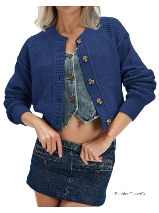 Sweaters - Cropped Cardigan Women Button Down Knit Sweater Long Sleeve Crew Neck Soft